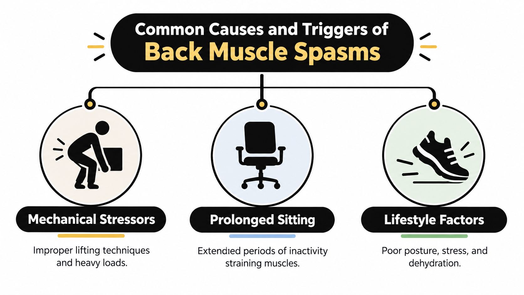 An infographic showing common causes of back muscle spasms, including mechanical stressors, prolonged sitting, and lifestyle factors.