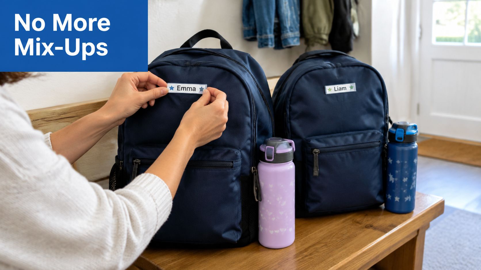 A person applying a personalized velcro name tag onto a navy blue school backpack.