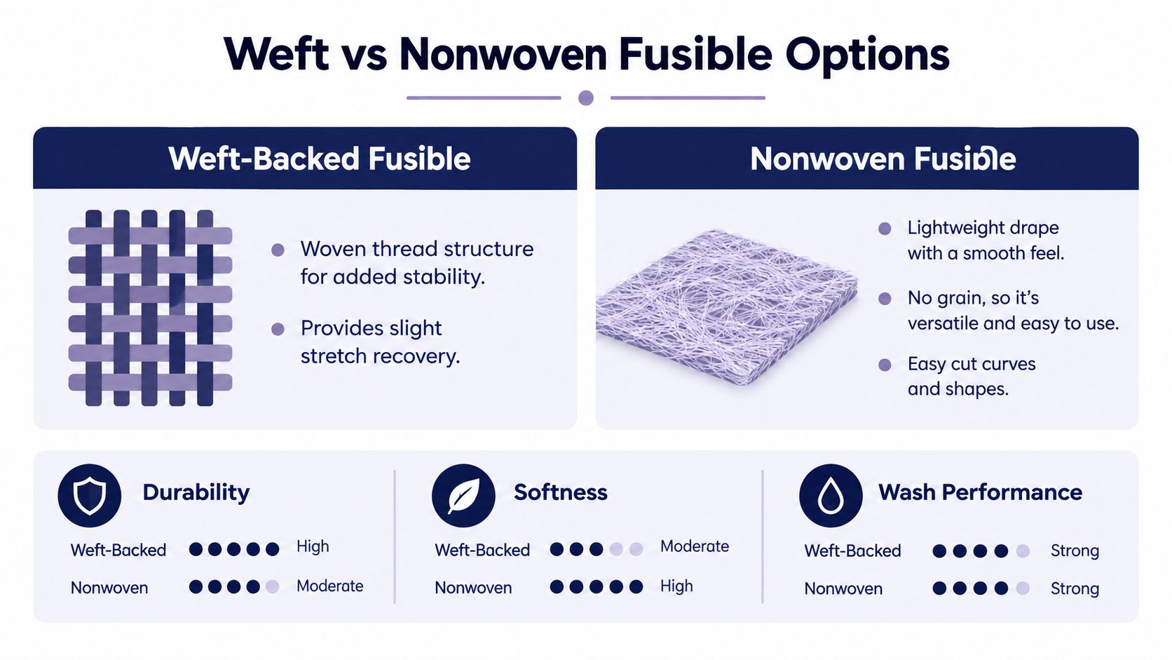 A comparison chart explaining the differences between weft-backed and nonwoven fusible interfacing options for sewing projects.