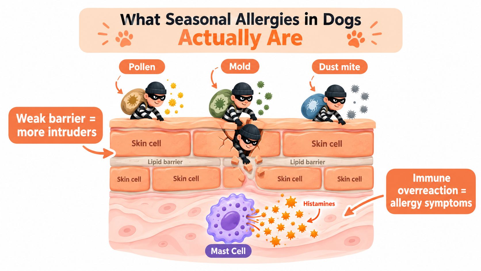 A diagram illustrating how seasonal allergies in dogs occur due to a weak skin barrier and immune overreaction.