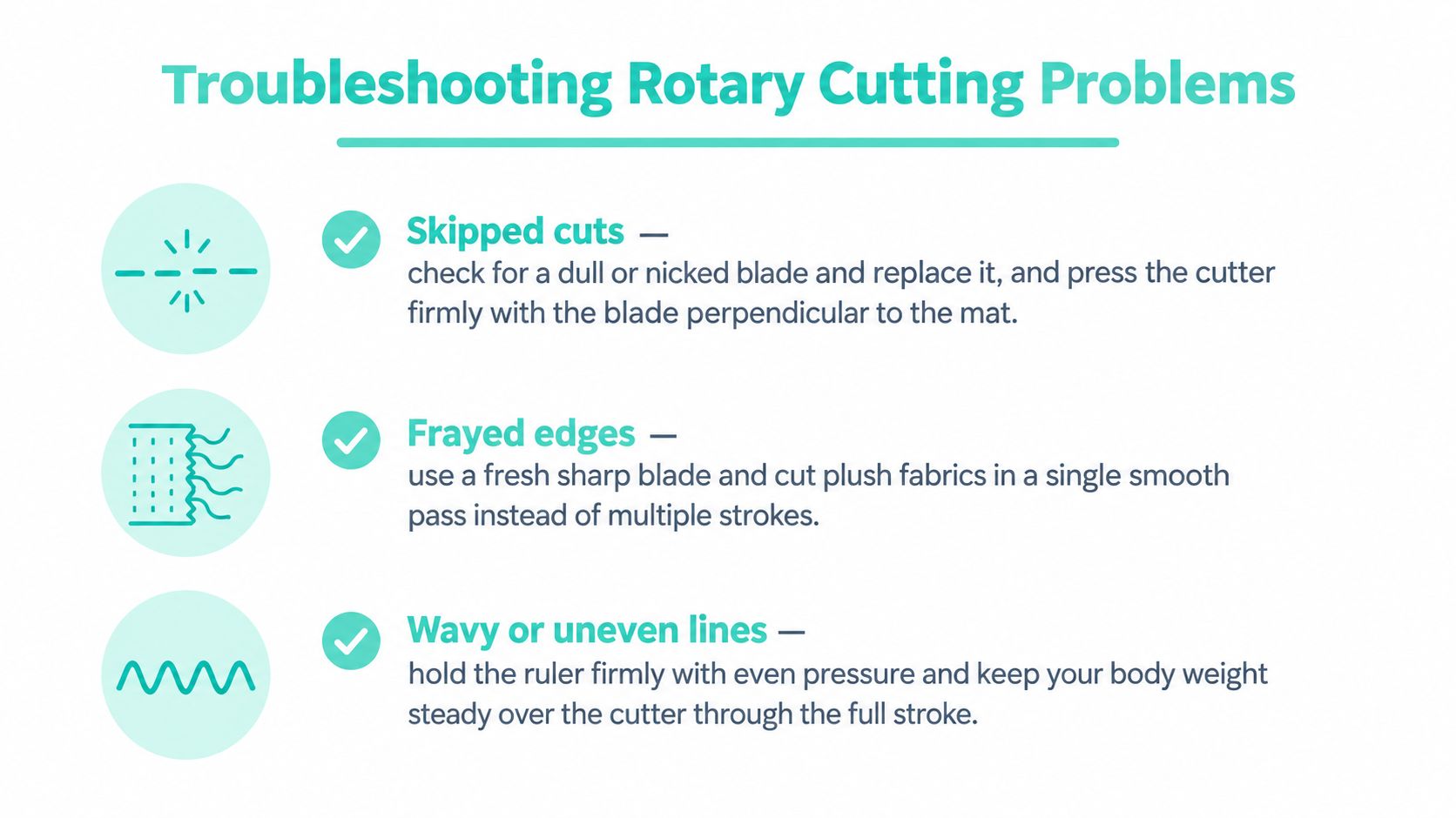 A troubleshooting guide for rotary cutting problems showing three common issues: skipped cuts, frayed edges, and wavy lines.