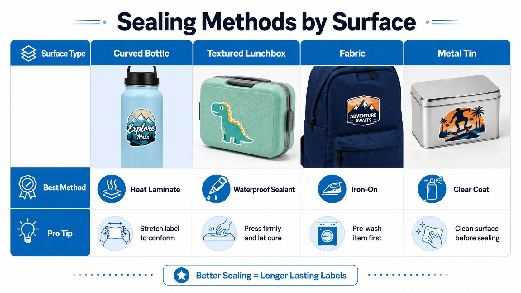 A chart illustrating the best sealing methods for labels on curved bottles, lunchboxes, fabric, and metal.