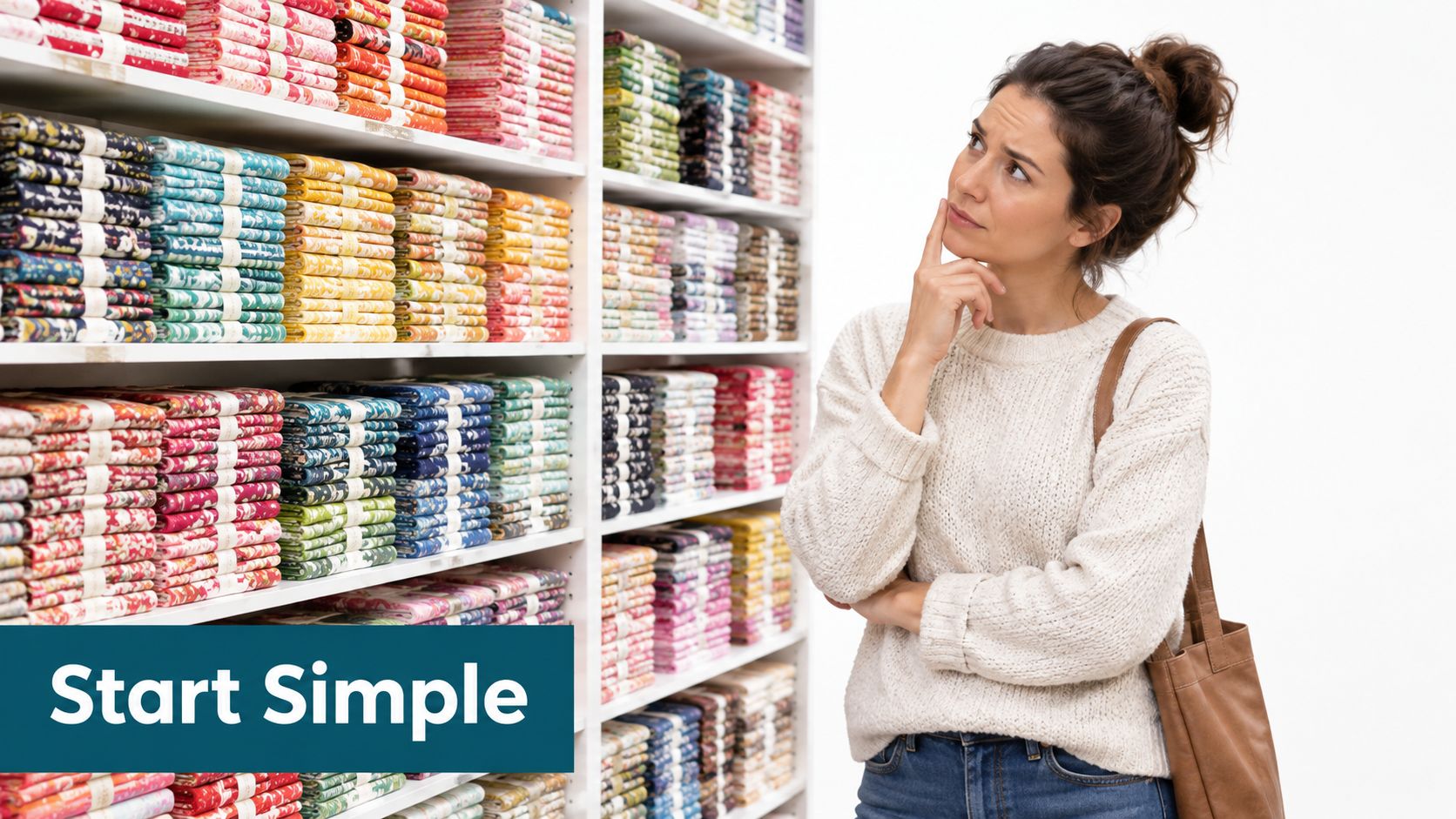 A woman standing in a fabric store looking thoughtfully at shelves filled with colorful fat quarter bundles.