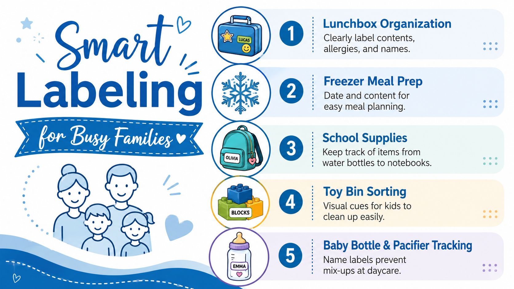 An infographic showing five tips for using smart labels to organize items for busy families.