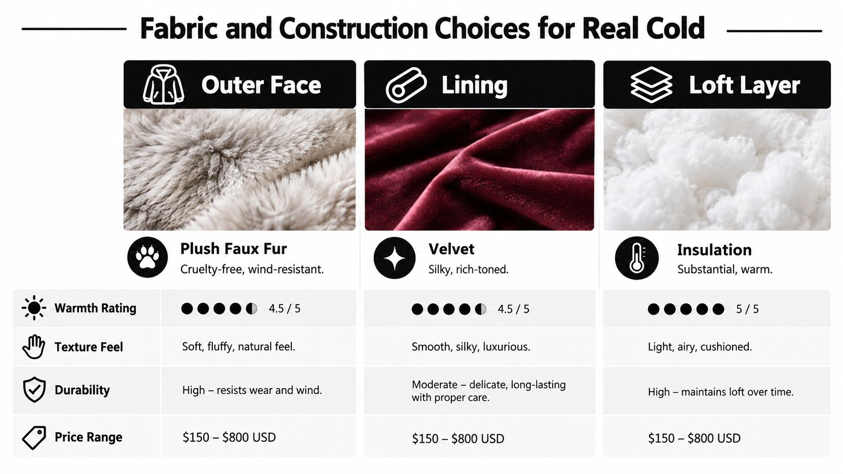 A comparison chart showing fabric and material choices for a winter wrap coat, including faux fur, velvet, and insulation.