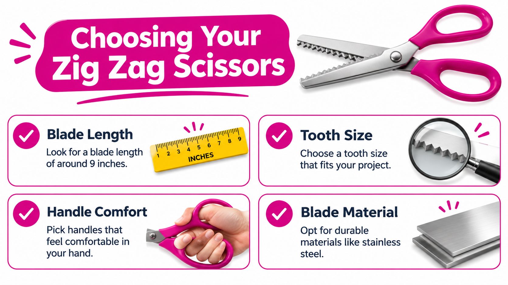 A helpful infographic guide with tips for choosing the right zig zag scissors for crafting projects.