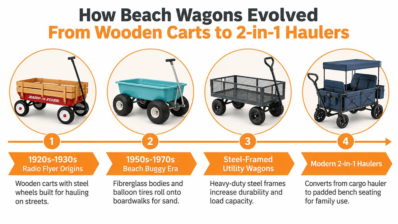 A timeline graphic showing the evolution of wagons from wooden carts to modern family haulers.