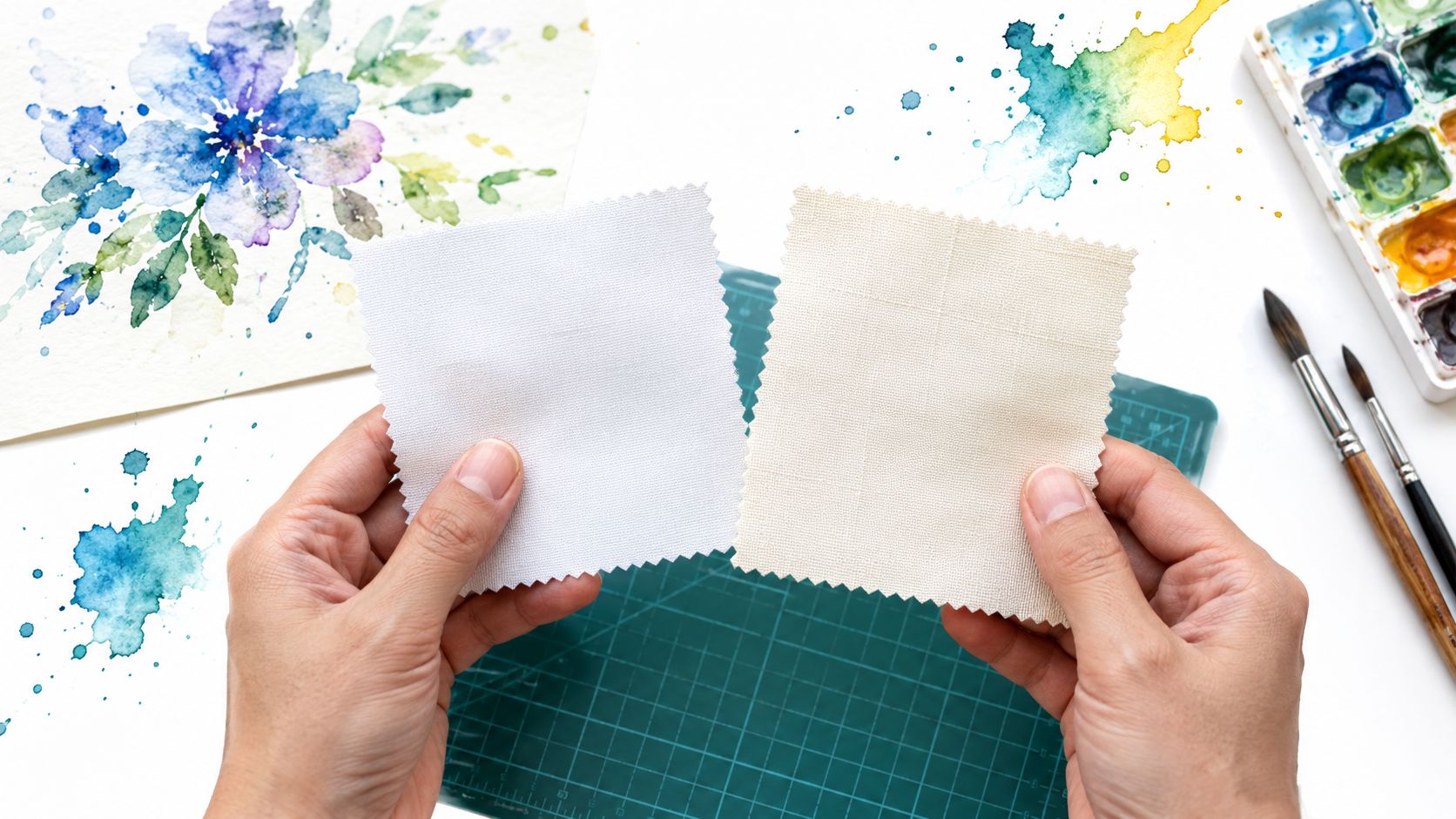 A person holding two fabric swatches, one white and one off-white, over a green cutting mat.