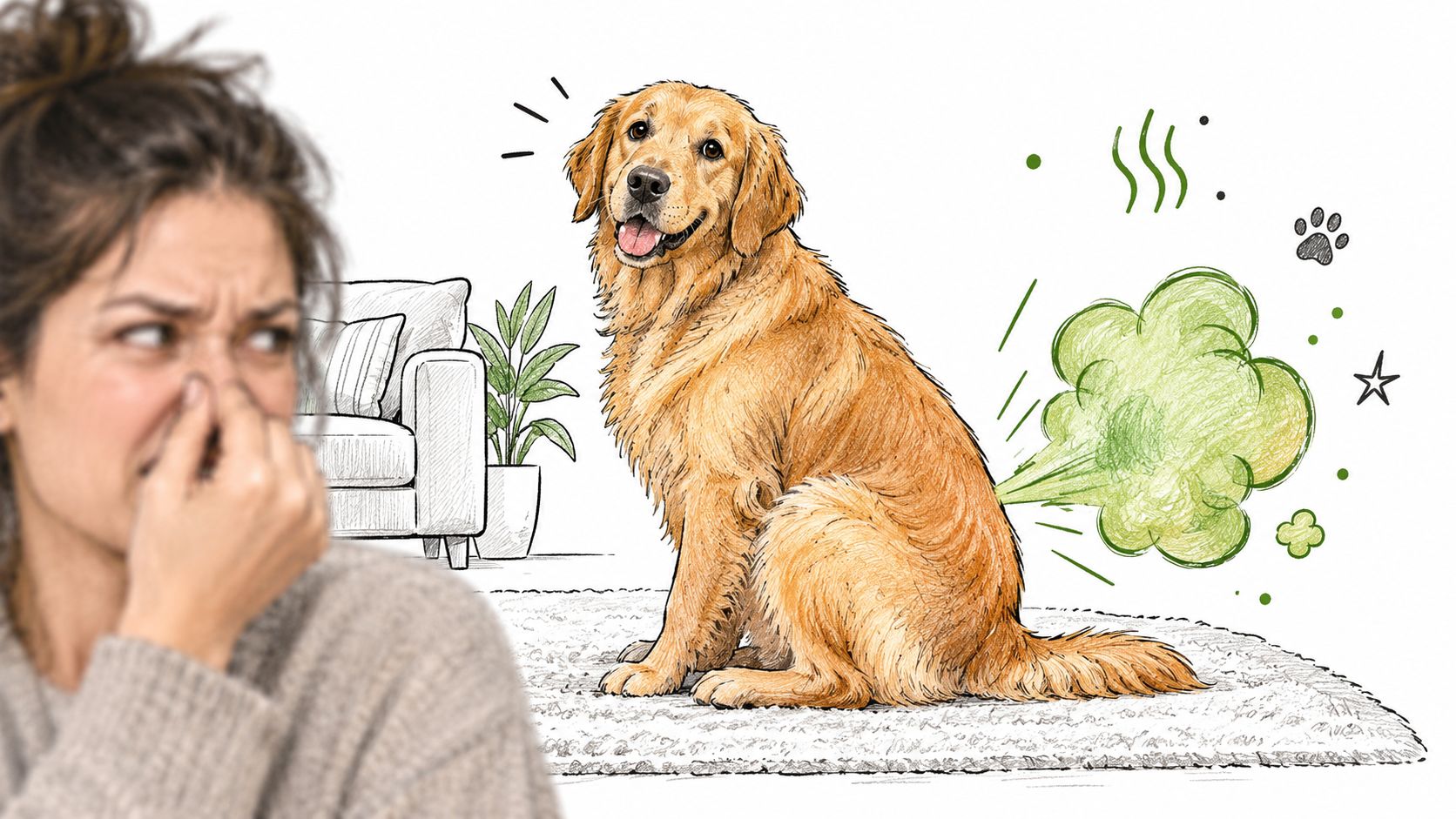 A woman covering her nose in disgust as a golden retriever passes gas in the living room.