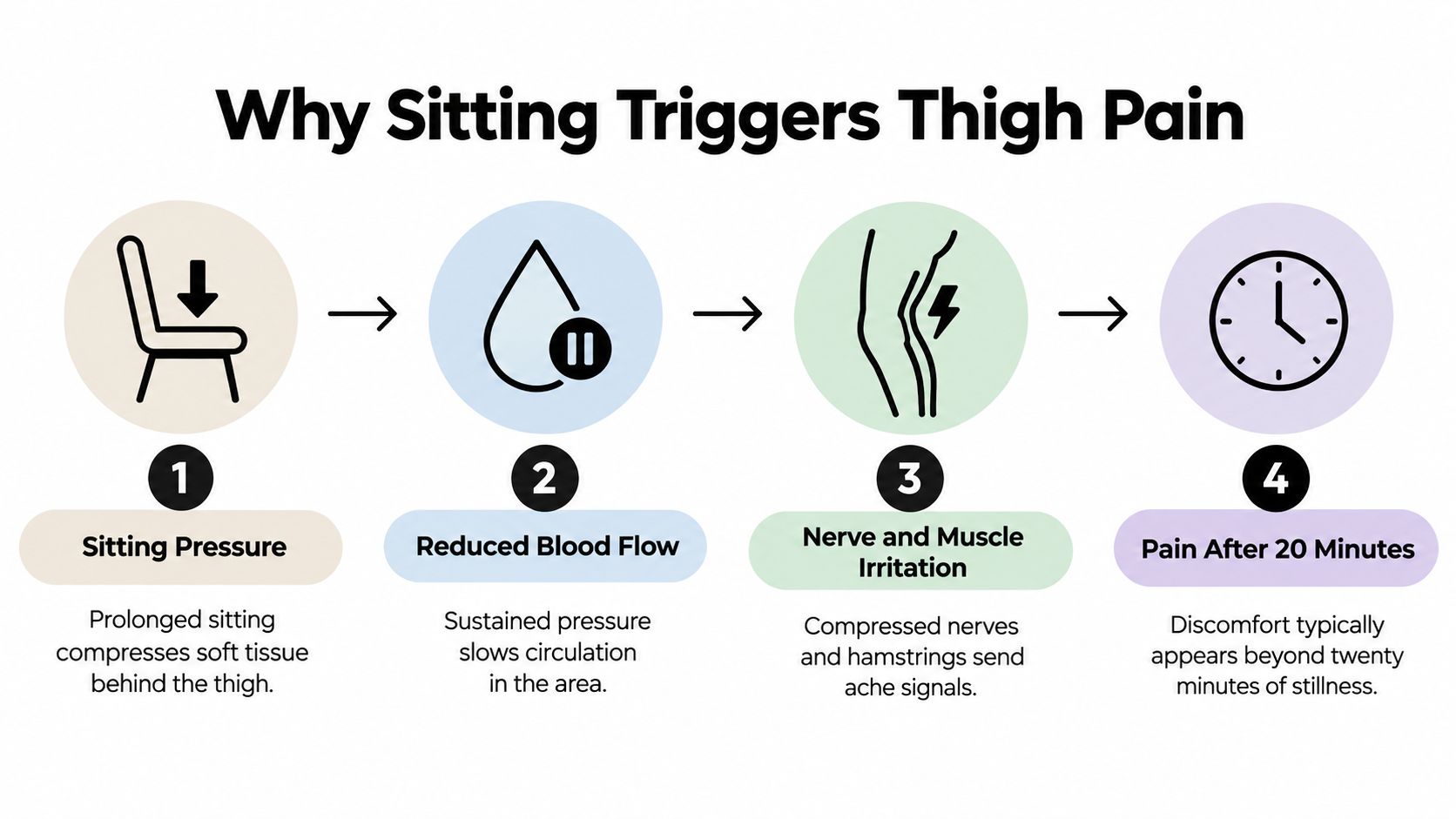A four-step infographic illustrating how prolonged sitting causes pressure, reduced circulation, nerve irritation, and thigh pain.