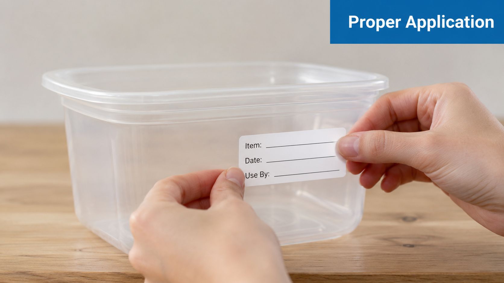 A pair of hands applying a white label to a clear plastic food storage container on a table.