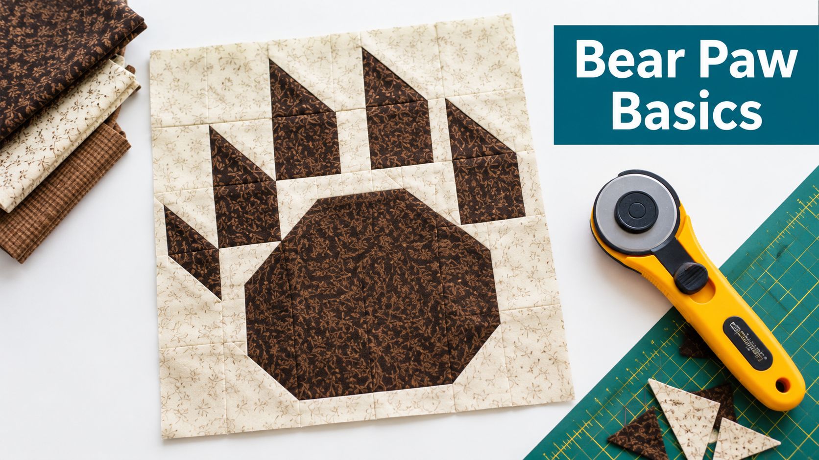 A sewn bear paw quilt block made from brown and cream patterned fabric next to a rotary cutter.