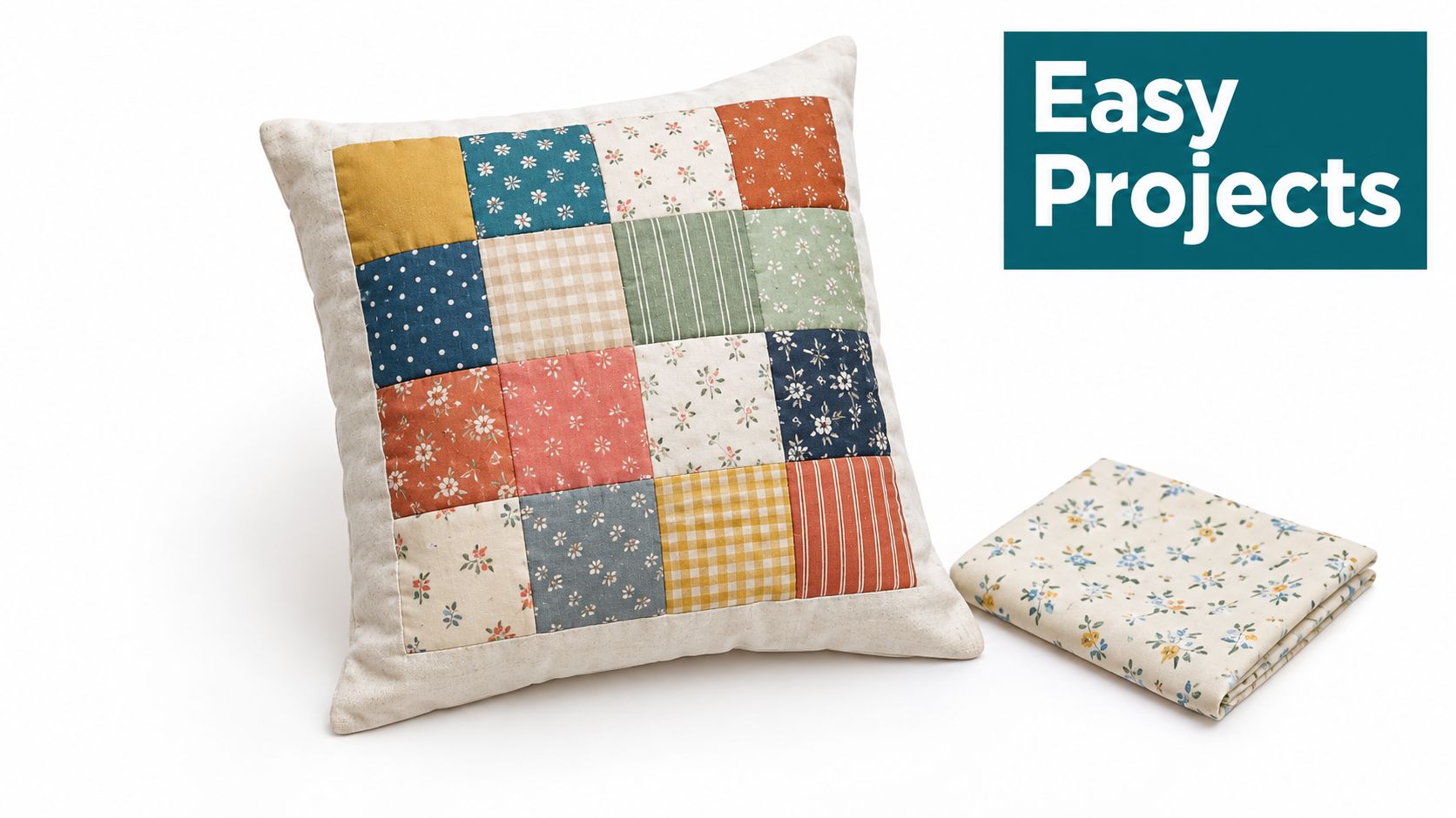 A patchwork throw pillow made of various patterned fat eighths fabric pieces sits beside folded fabric.