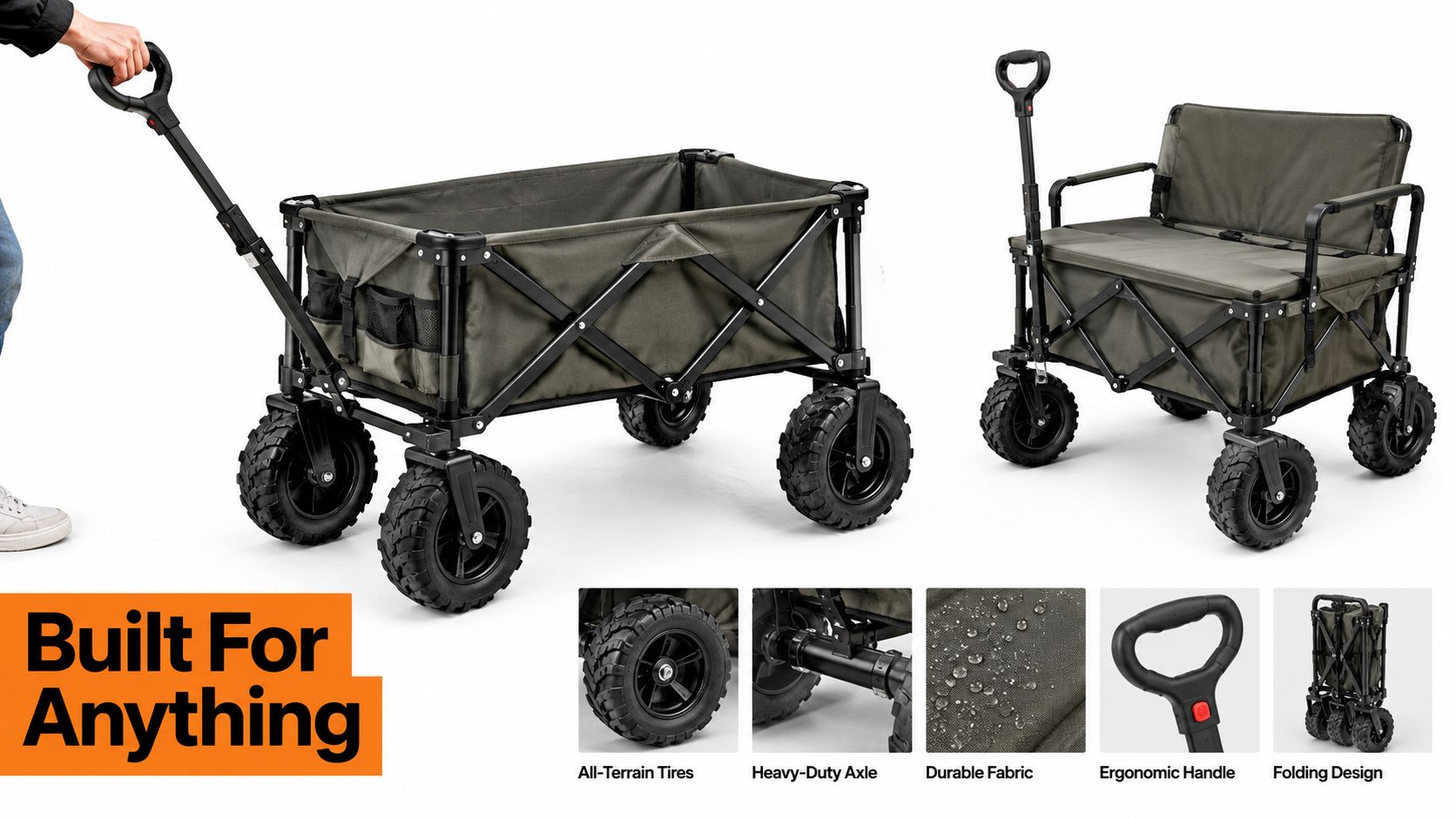 A foldable olive-green wagon with large all-terrain wheels that converts into a bench seat for outdoor use.