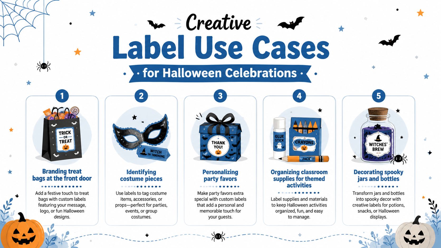 An infographic displaying five creative ways to use custom labels for Halloween celebrations and party decorations.