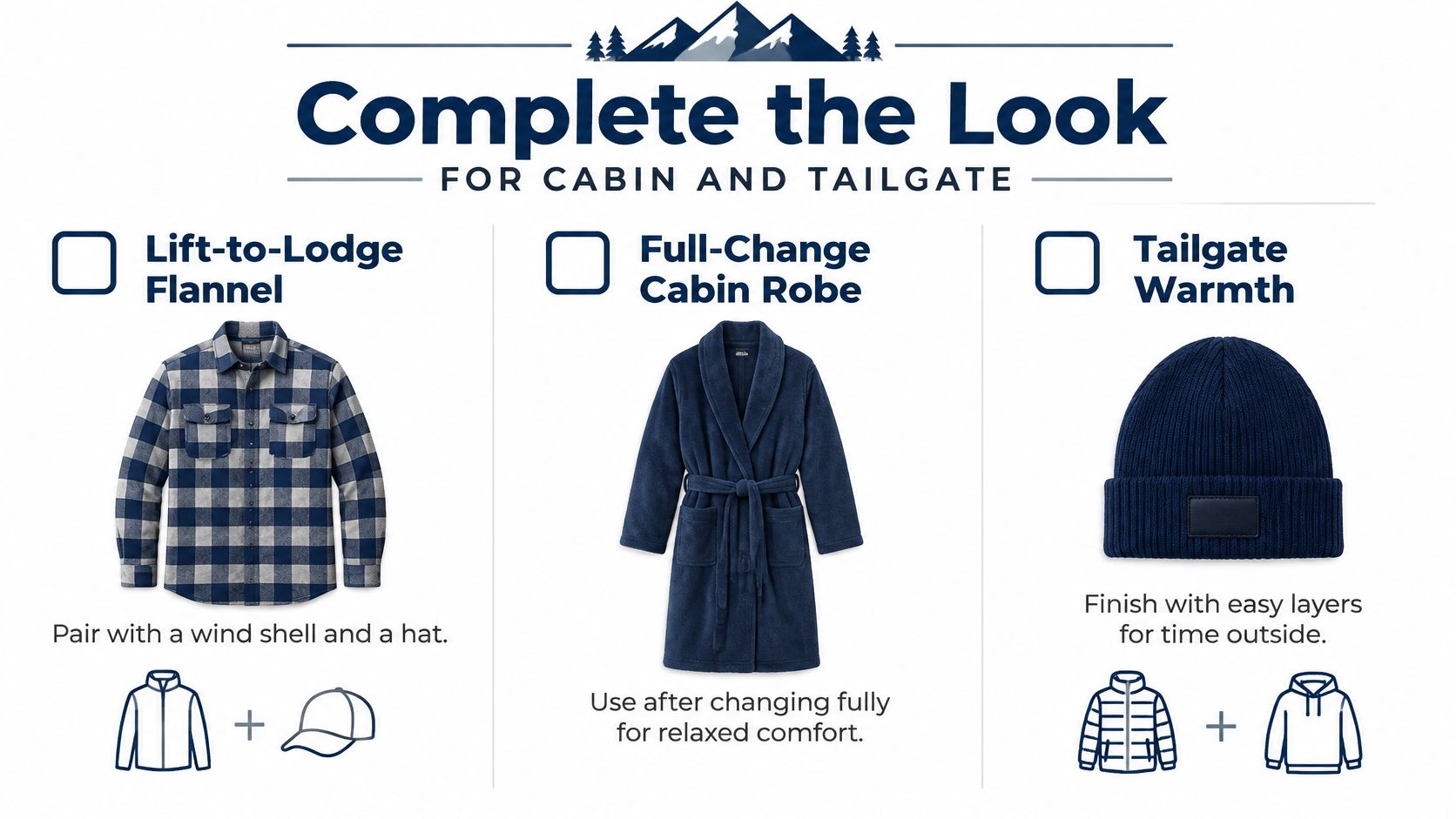 A product graphic titled Complete the Look featuring a flannel shirt, a bathrobe, and a beanie hat.