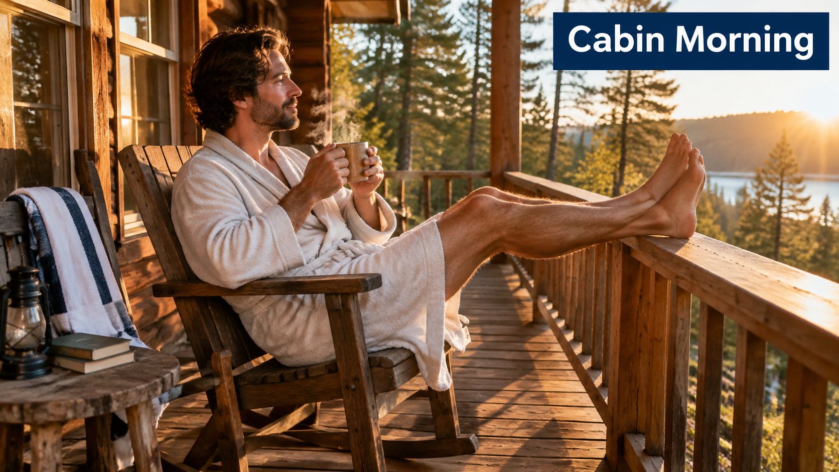 A man in a cozy white bathrobe sits on a wooden cabin porch holding a hot mug.