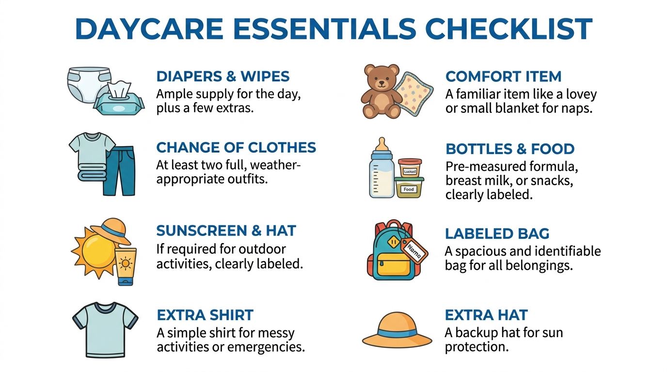A checklist of essential items for daycare including diapers, clothes, sun protection, comfort items, food, and bags.