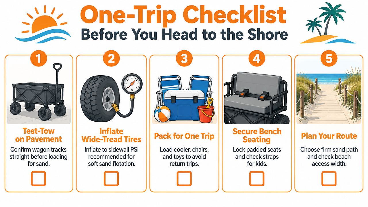 A five-step checklist for using a beach wagon, including tire inflation, packing, and safety tips for shore trips.