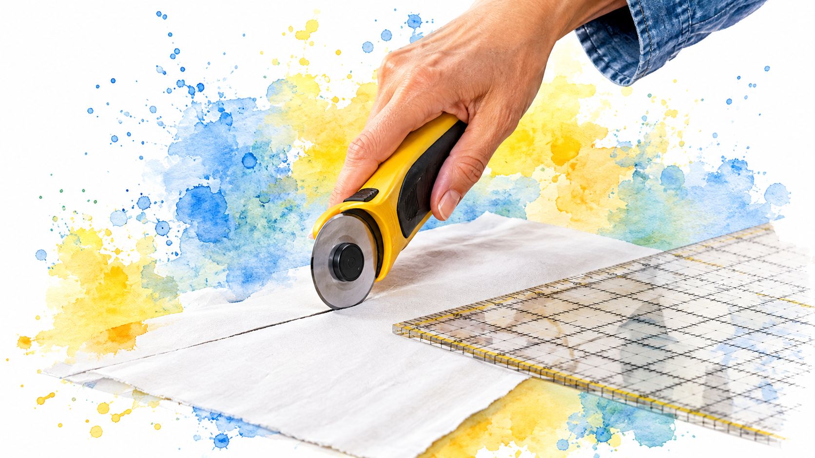 A hand using a yellow rotary cutter to precisely slice white fabric alongside a clear quilting ruler.