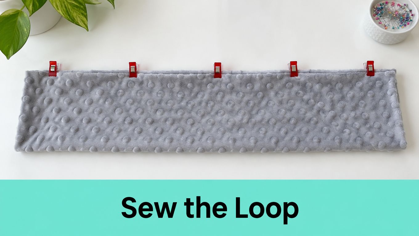 A long strip of grey polka-dot minky fabric held together by five red sewing clips on a white background.