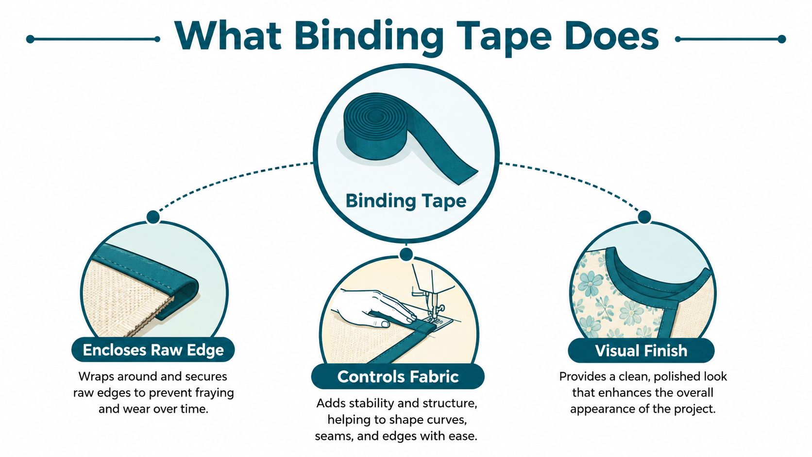 A diagram explaining how sewing binding tape encloses raw edges, controls fabric, and provides a polished finish.