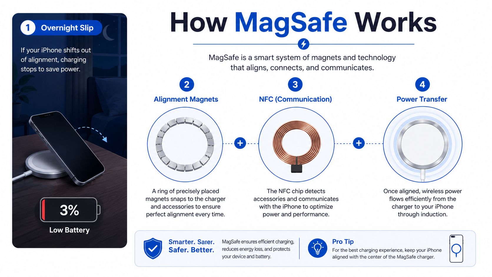 An infographic illustration explaining how Apple MagSafe technology uses magnets, NFC communication, and wireless induction for charging iPhones.