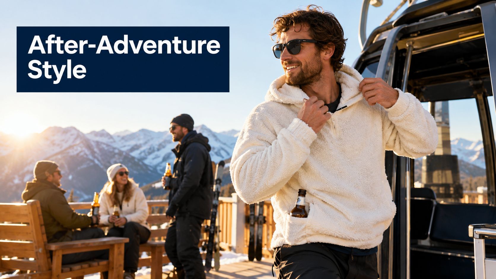 A smiling man wearing a white sherpa hoodie standing in front of a mountain gondola at sunset.