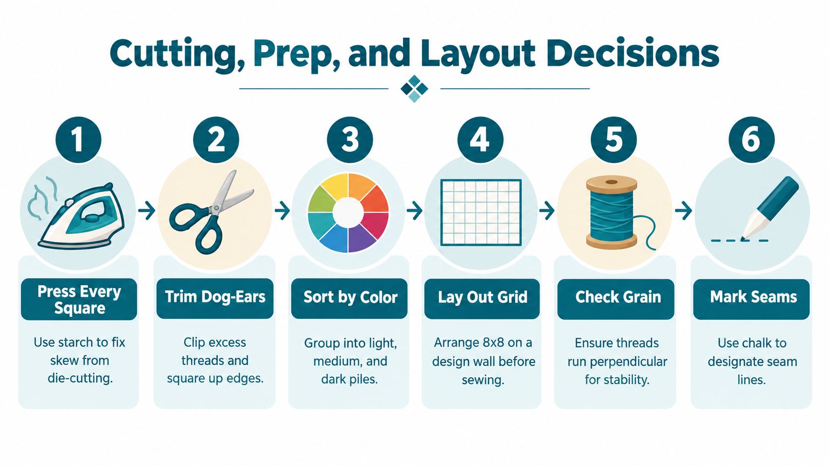 An infographic illustrating six essential steps for quilting preparation including pressing, trimming, sorting, layout, grain checking, and marking.