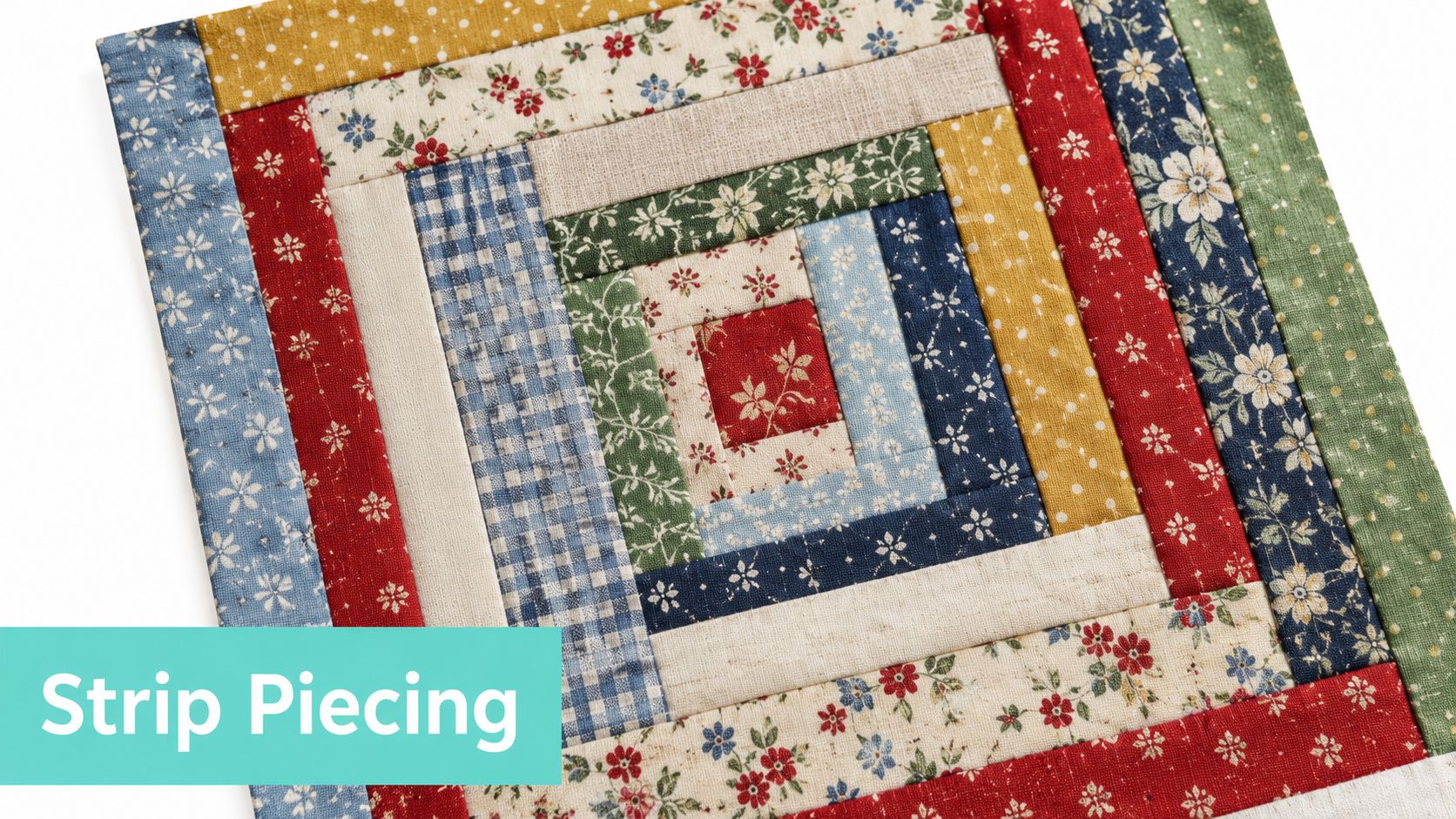 A close-up of a vibrant, multicolored log cabin quilt block made with various floral and patterned fabric strips.