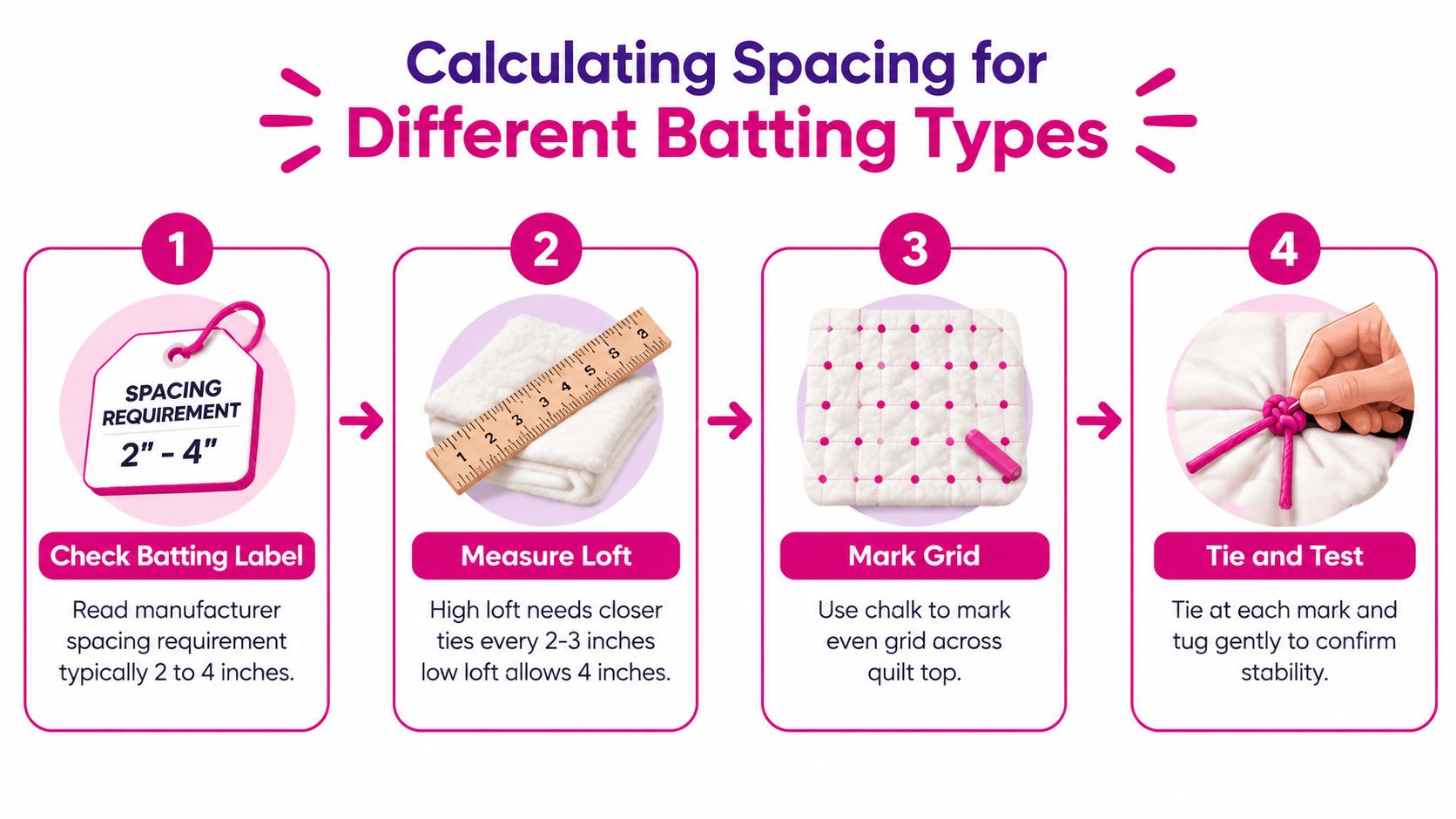 A step-by-step instructional infographic showing how to determine the correct spacing when tying a quilt batting.