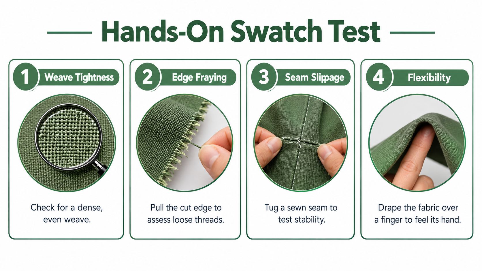 A diagram titled Hands-On Swatch Test demonstrating four quality assessment methods for green fabric using magnifying glass, fraying, seams, and flexibility.