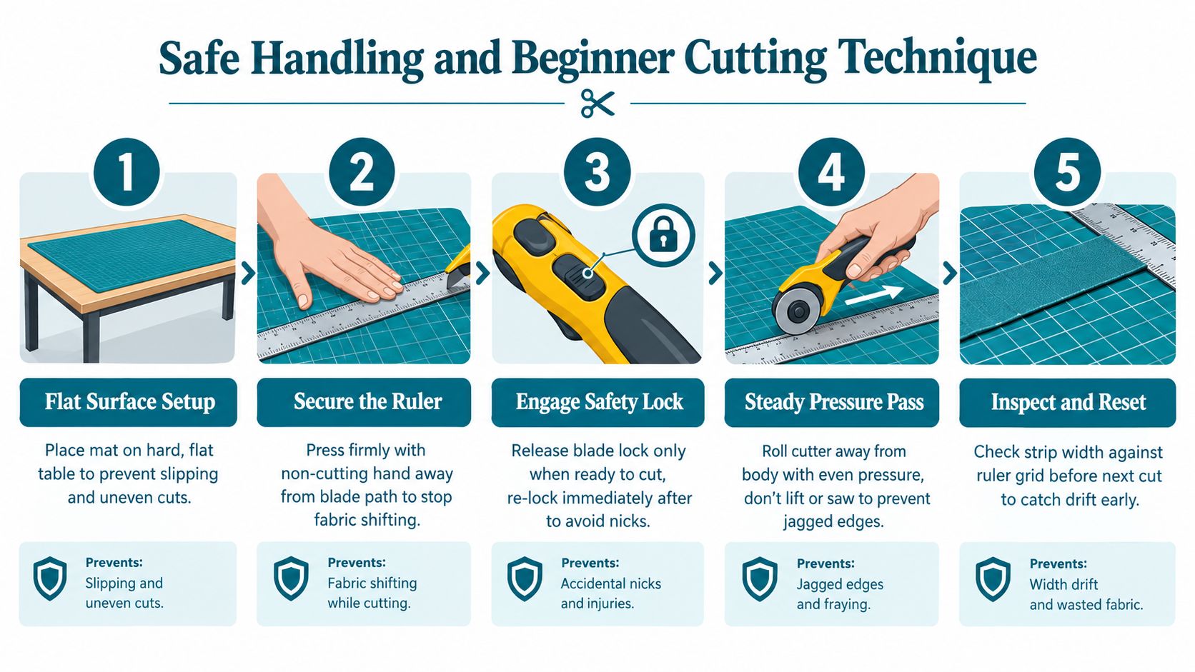 An infographic illustrating five essential safety steps for using a rotary cutter and ruler for fabric.