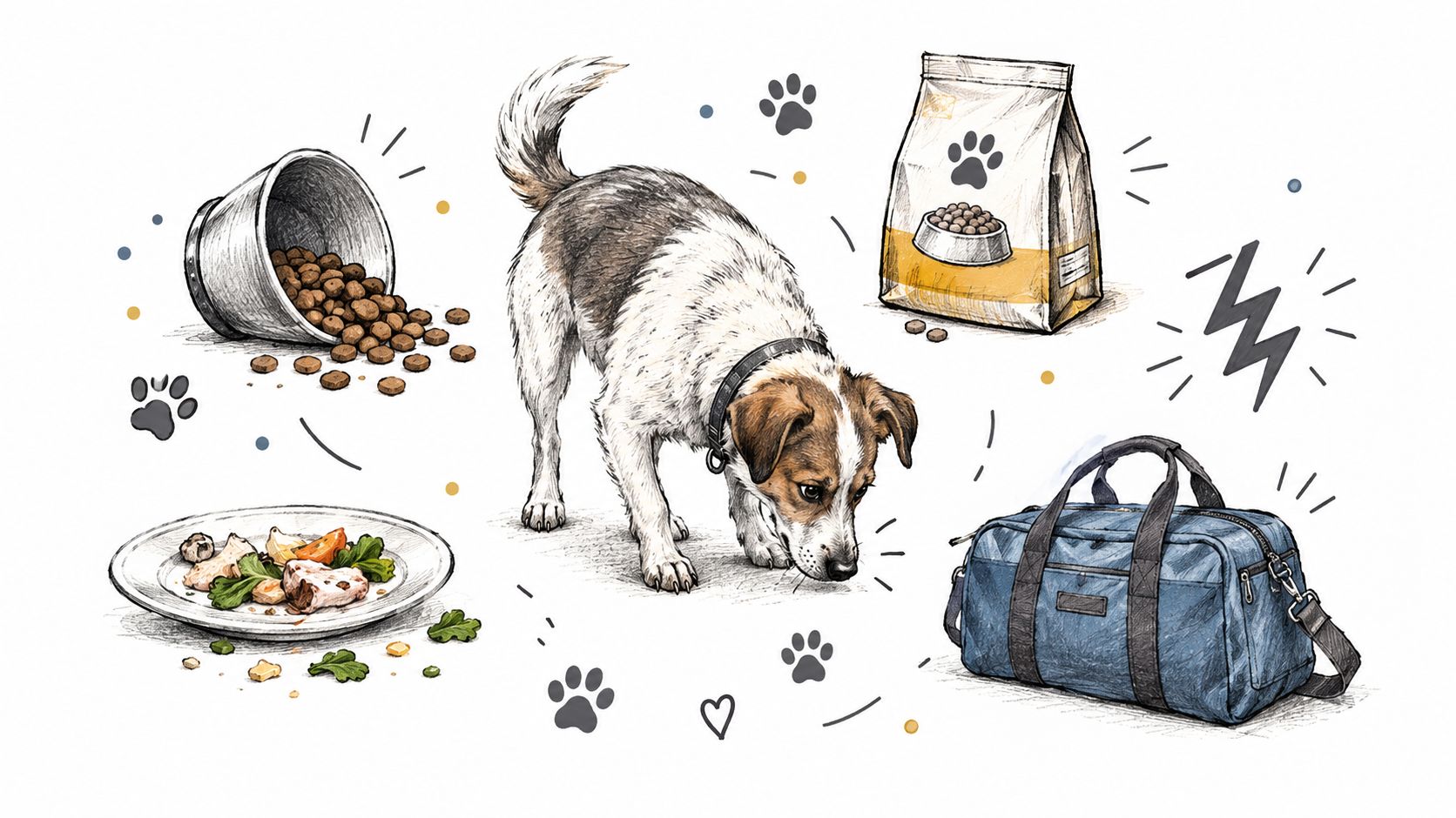 A sketched illustration of a dog, a spilled bowl of food, a food bag, and a duffel bag.