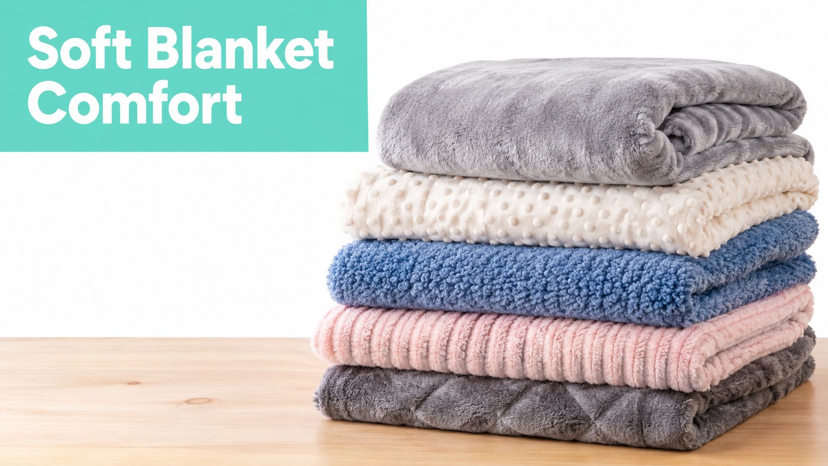 A stack of five soft, colorful textured blankets sitting on a light wooden table surface.