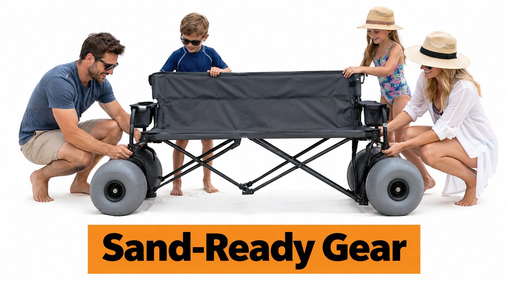 A family of four gathers around a black folding bench featuring large all-terrain wheels for sandy beaches.