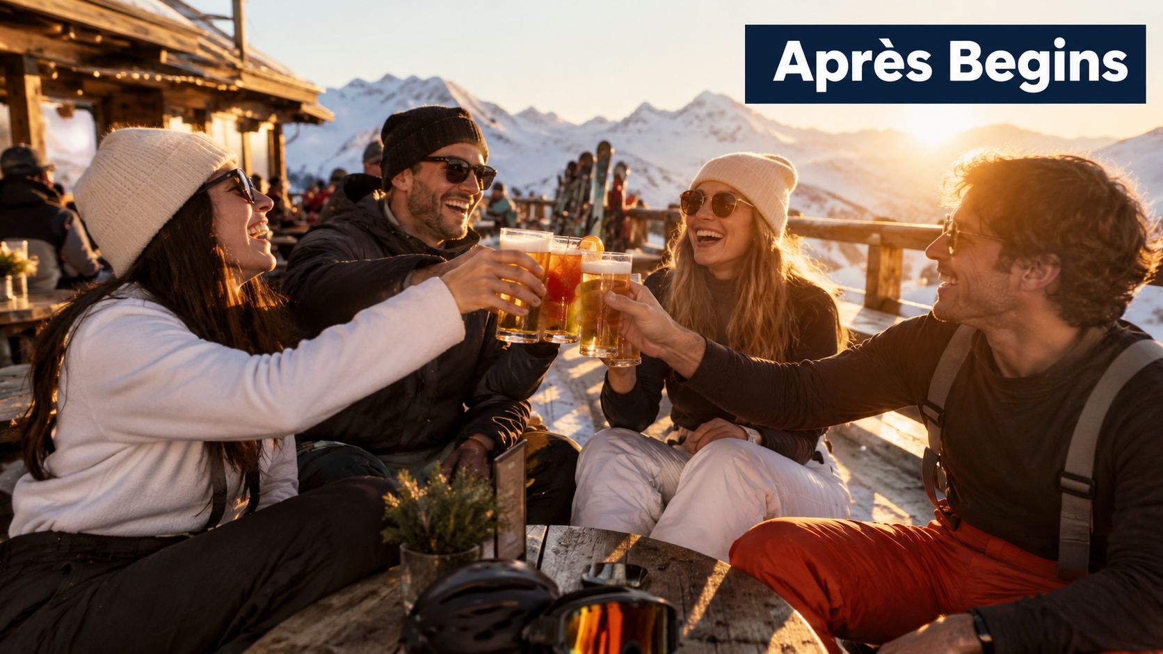 A group of friends laughing and toasting with beer glasses on a sunny mountain ski lodge terrace.