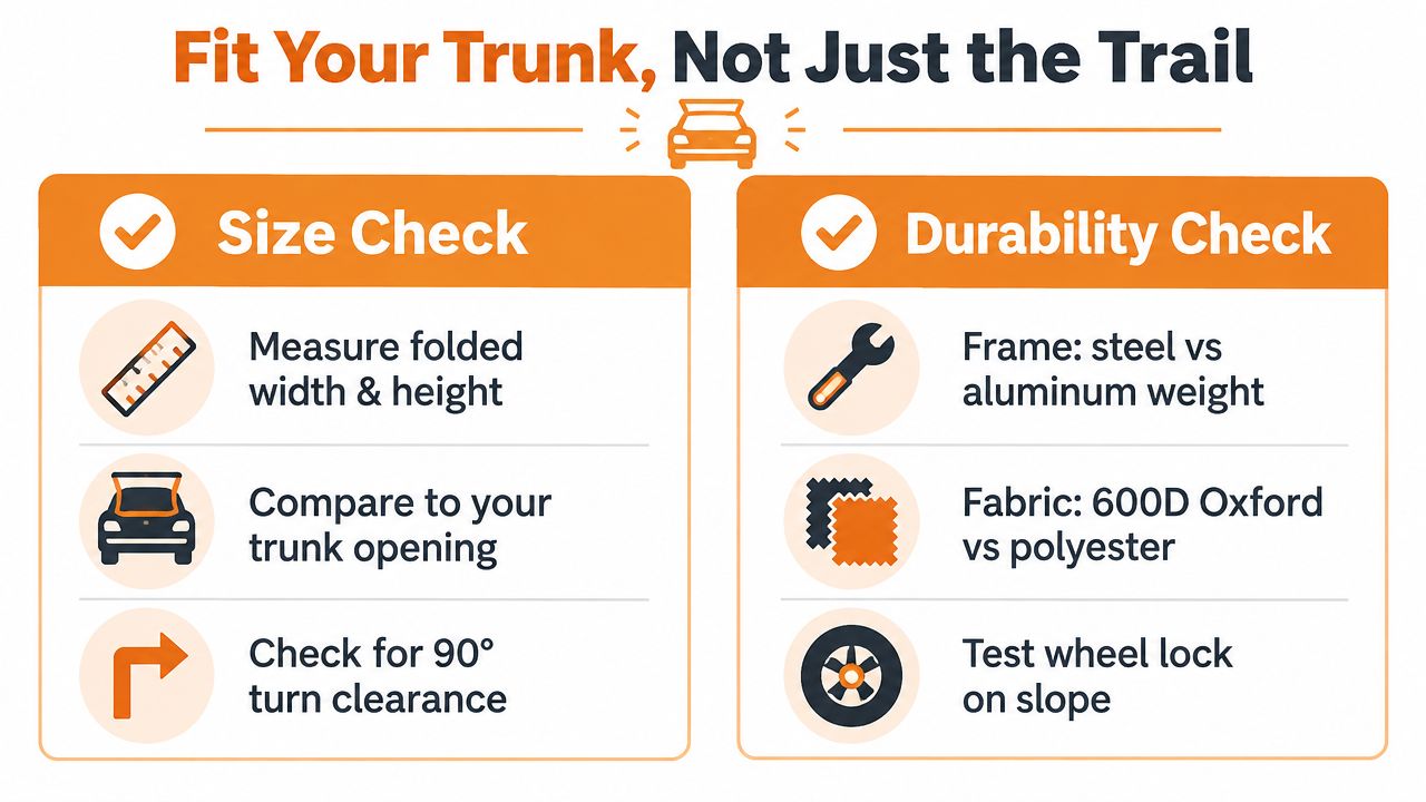 An infographic checklist for evaluating wagons for hauling camping gear, covering trunk size and material durability.