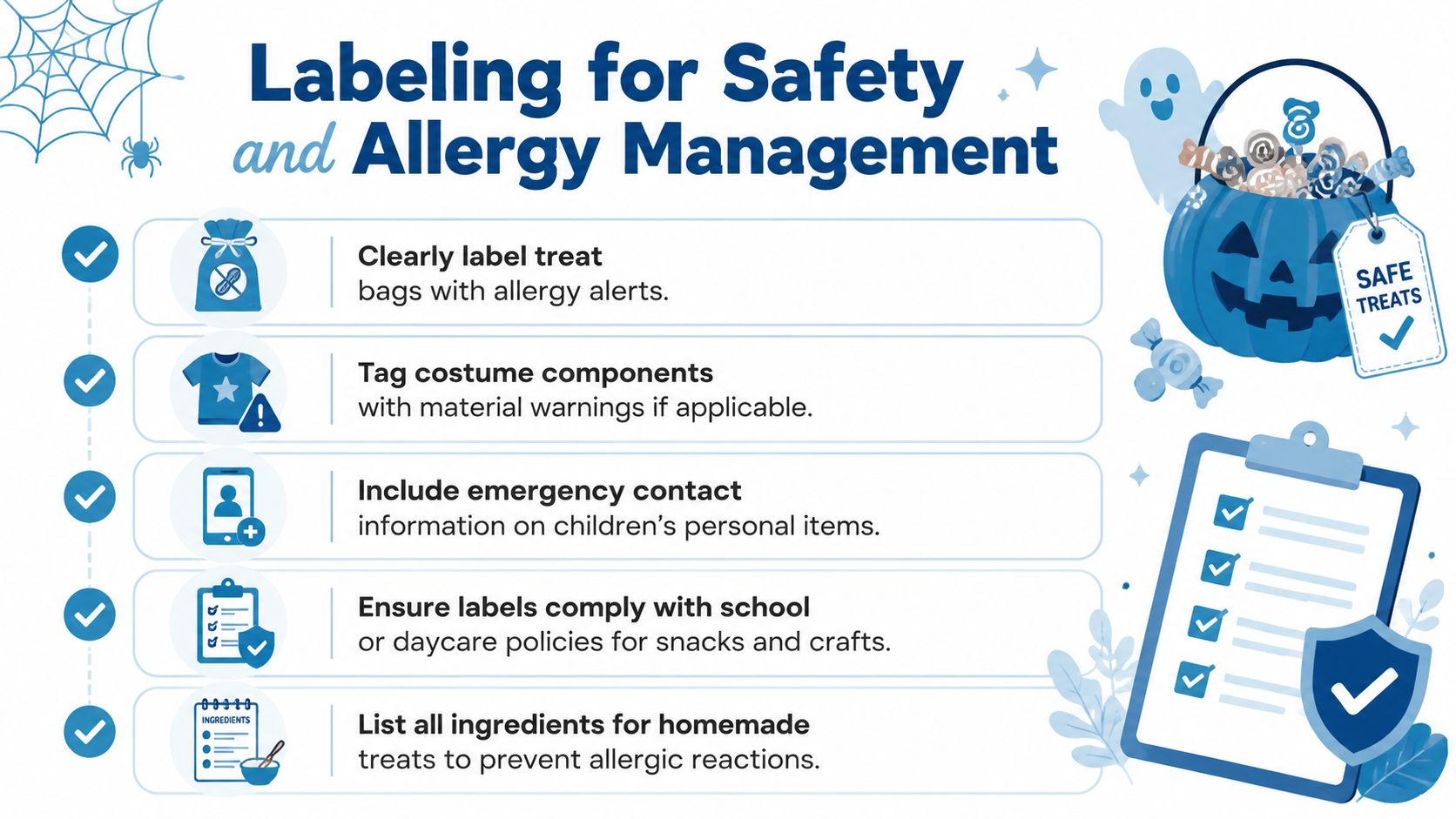 An infographic titled Labeling for Safety and Allergy Management featuring tips for Halloween allergy awareness.