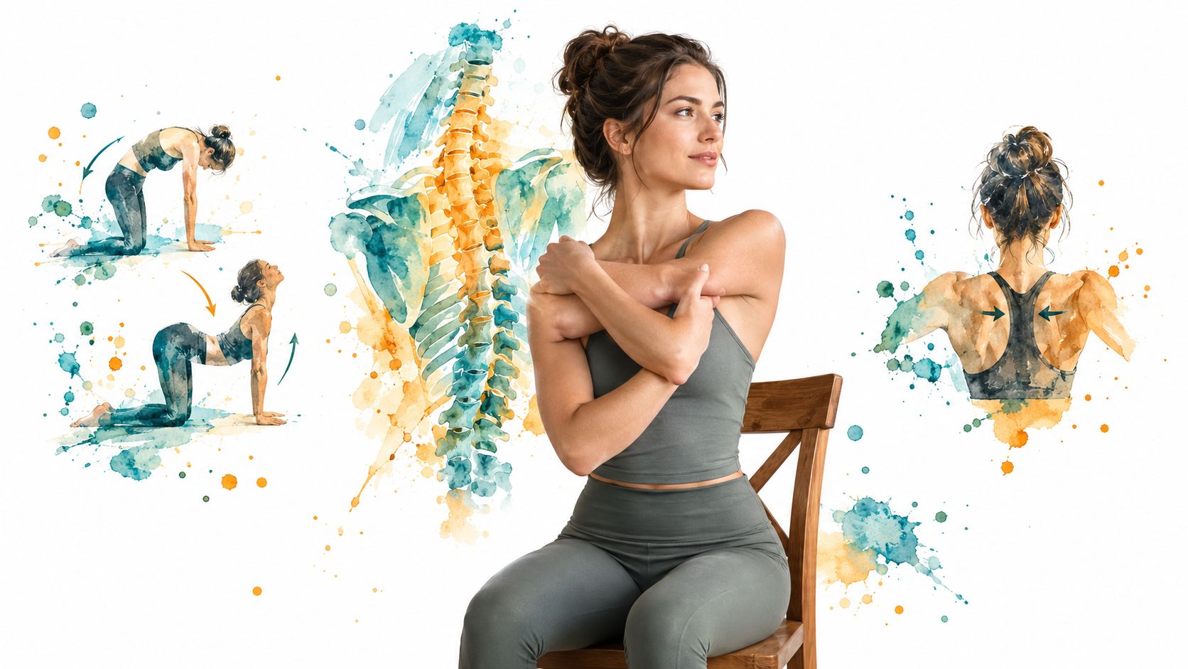 A woman demonstrating seated and floor stretching exercises to relieve tension in the sore muscles upper back.