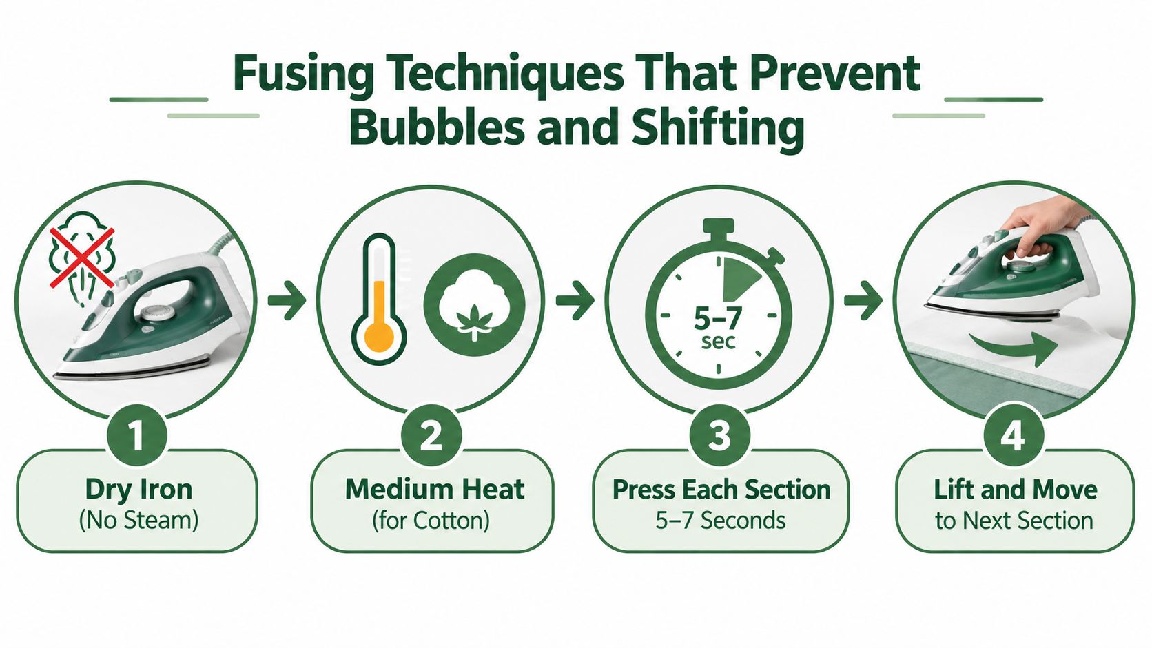 An instructional graphic showing four steps for using a dry iron to fuse fabric without bubbles.