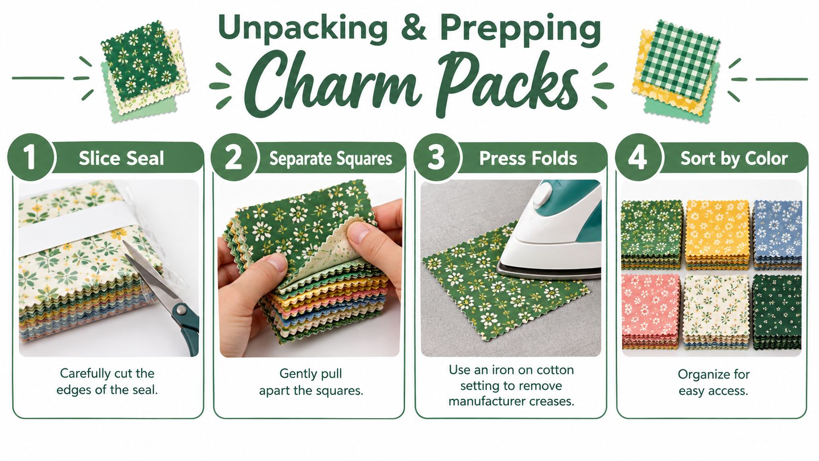 A four-step infographic guide demonstrating how to unpack, separate, press, and sort fabric charm packs for quilting.