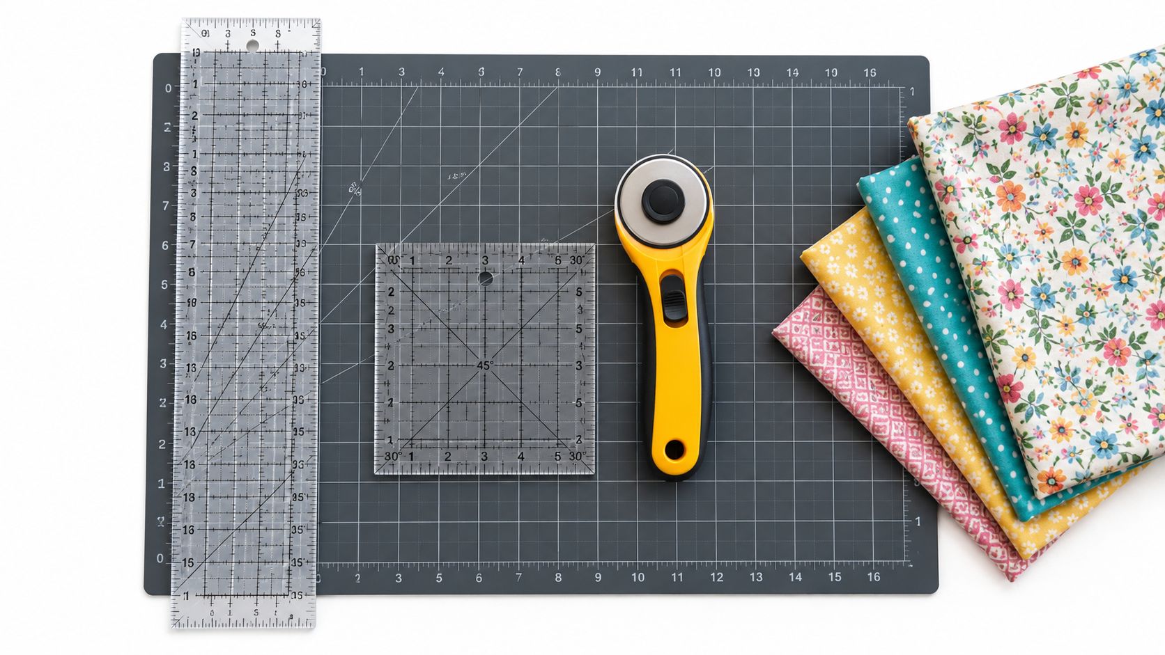 An organized flat lay of quilting tools including acrylic rulers, a rotary cutter, and fabric on a cutting mat.