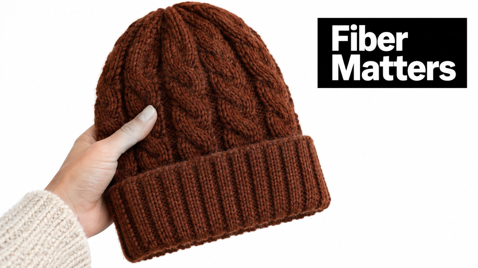 A hand holding a brown cable knit beanie against a white background with text overlay.