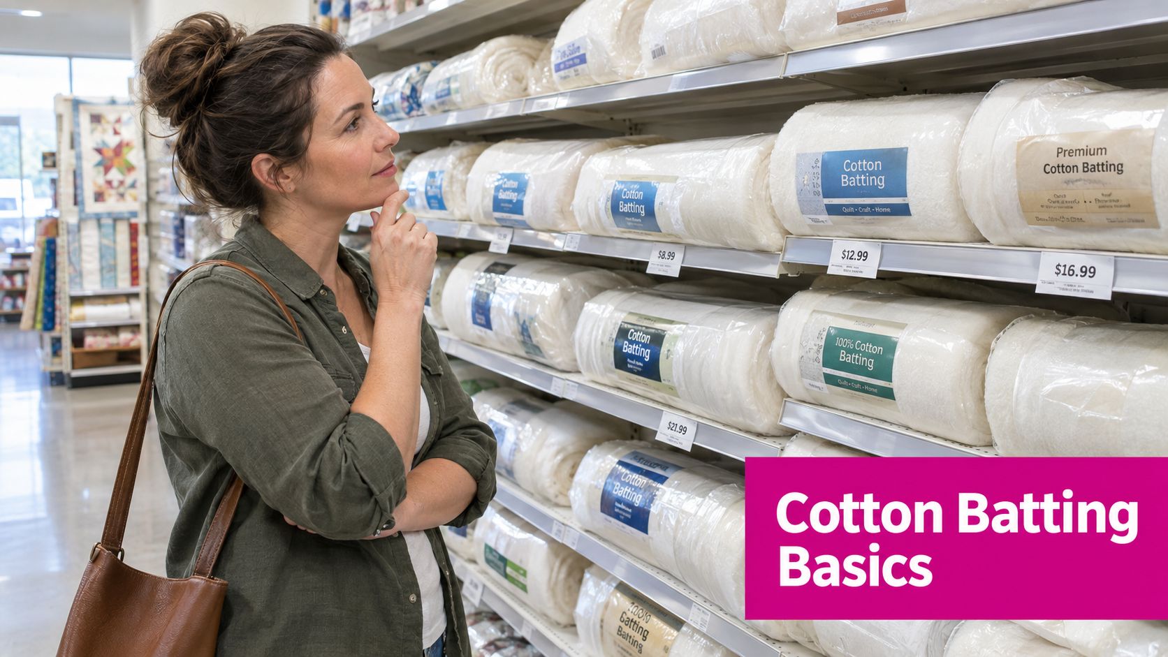 A woman shopping for cotton batting at a craft store, contemplating different types on the shelves.