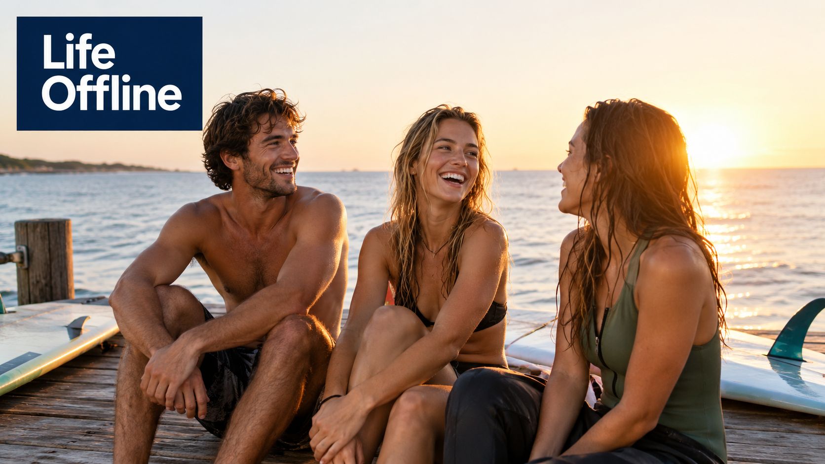 Three happy friends laughing together while sitting on a wooden dock by the ocean at sunset.