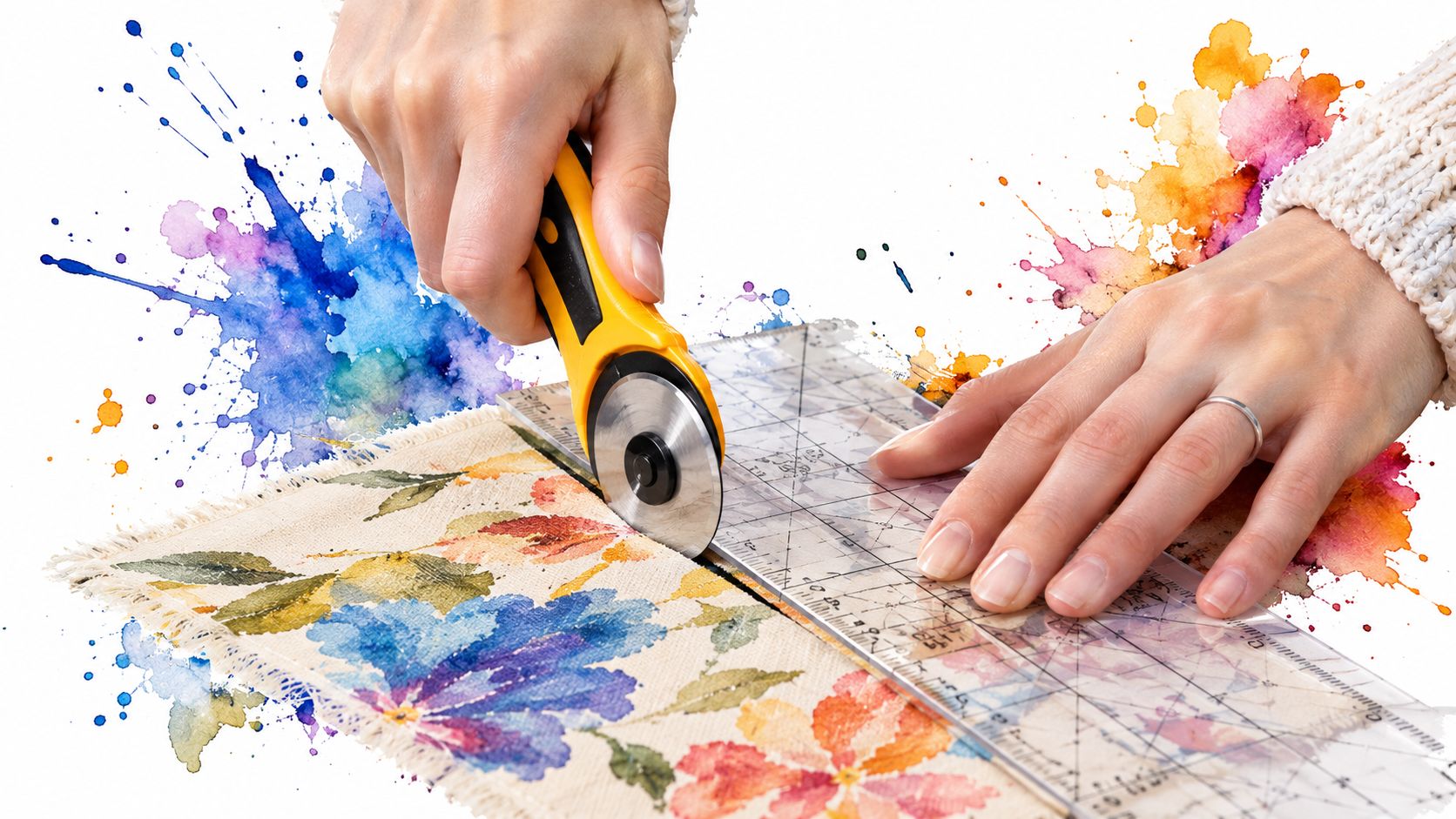 A close-up view of hands using a rotary cutter and clear ruler to cut floral fabric.