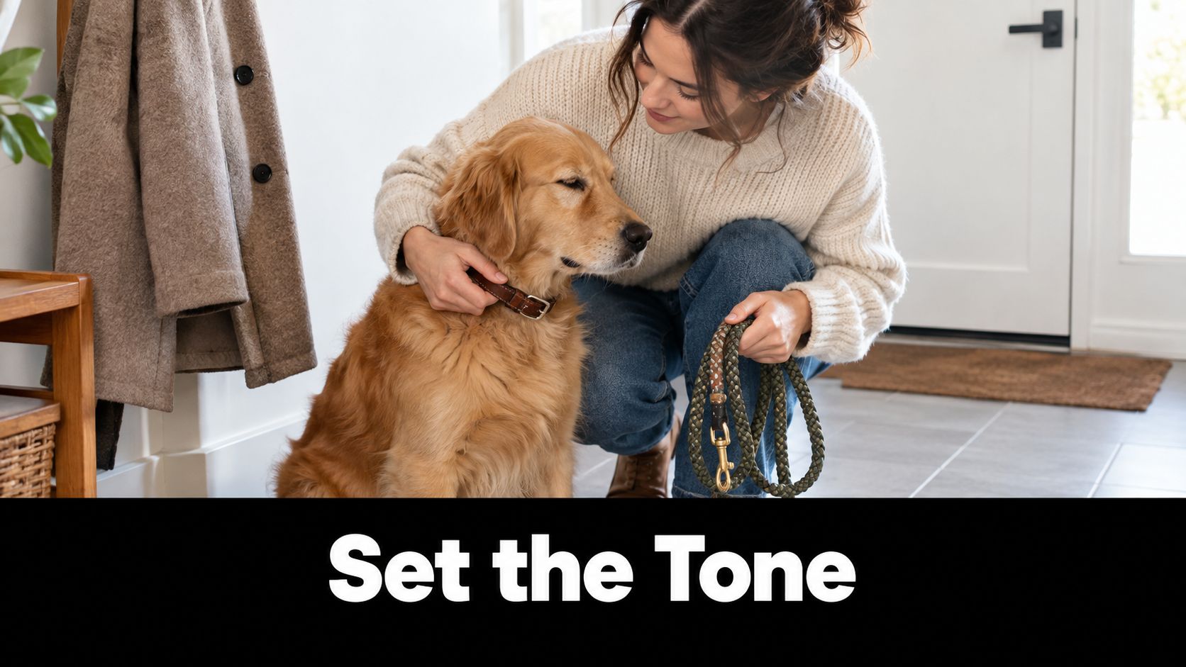 A smiling young woman in a cream sweater petting her golden retriever in a home entryway.