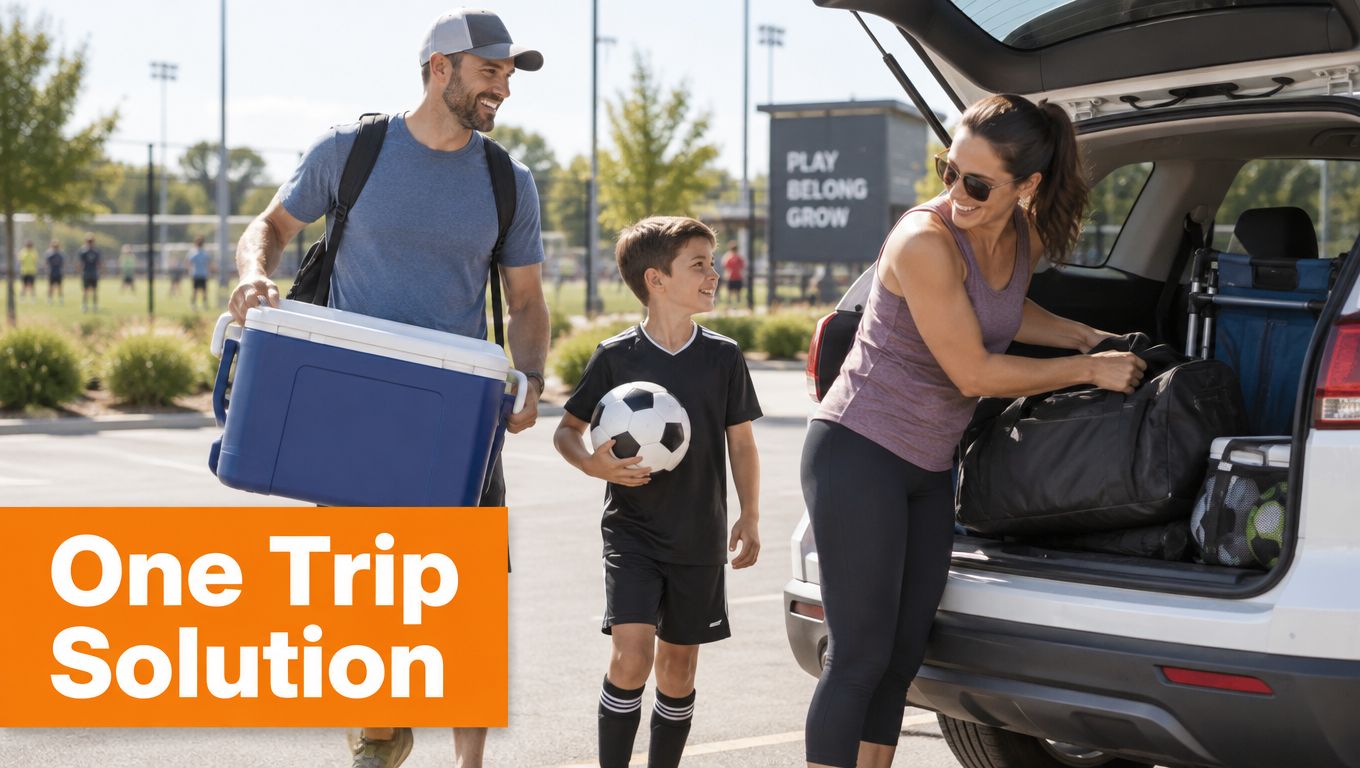 A family of three unloading sports gear from the trunk of a car at a park.