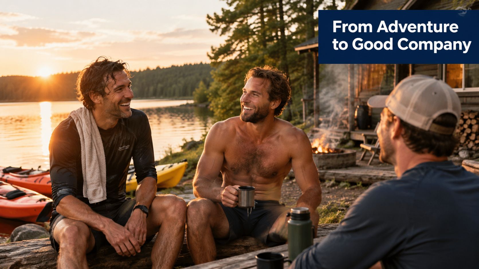 Three men talking and relaxing outdoors by a campfire near a lake during a sunset adventure.